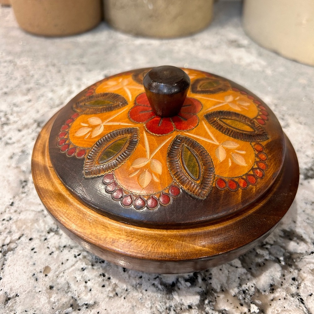 Vintage Polish Hand-Carved Folk Art Wooden Lidded Bowl